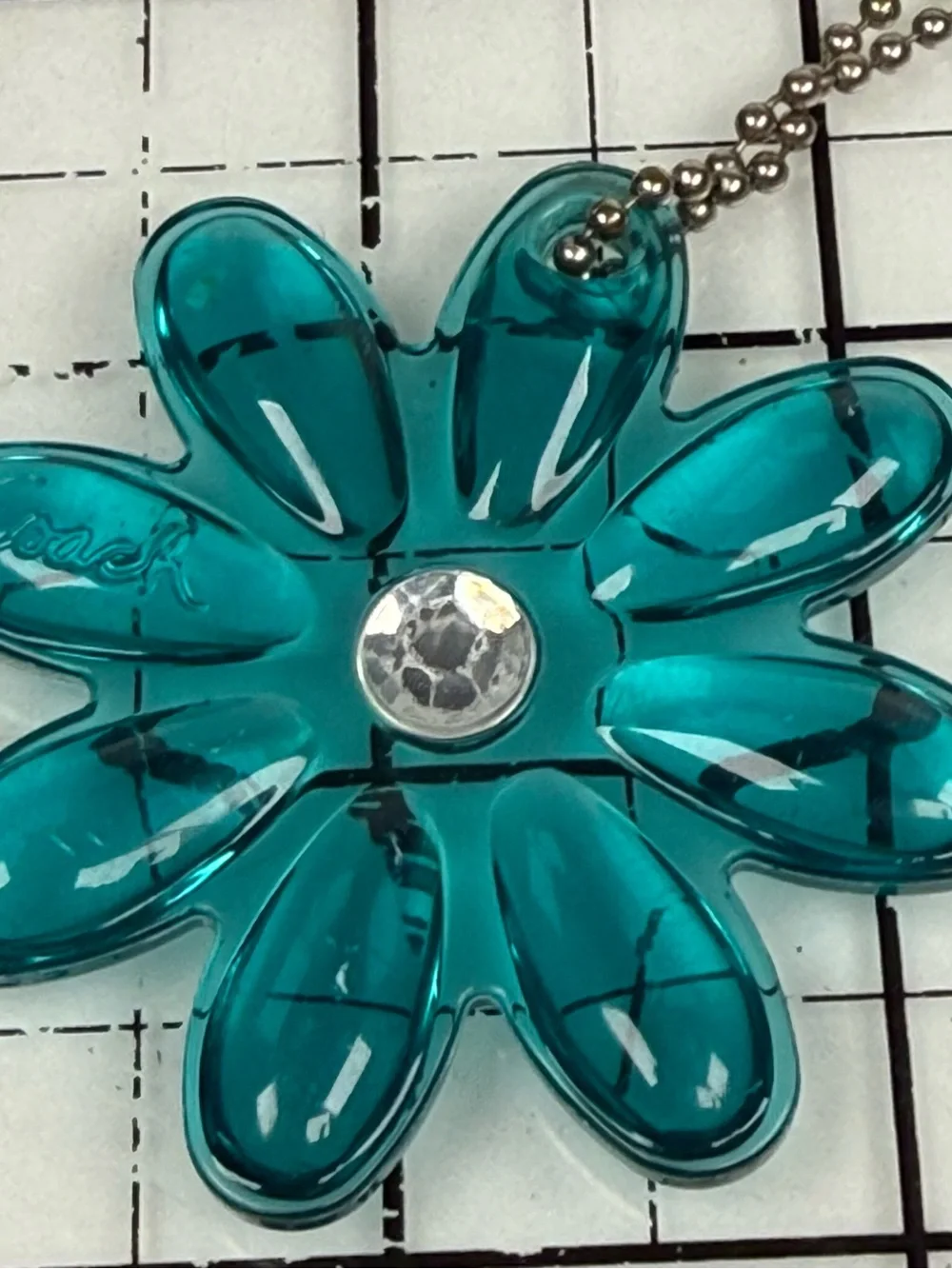 Coach Teal Flower Acrylic Keychain Charm with Clear Rhinestone